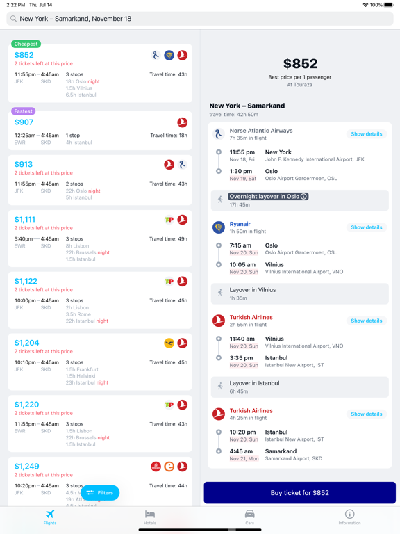 搜索航班预订和酒店