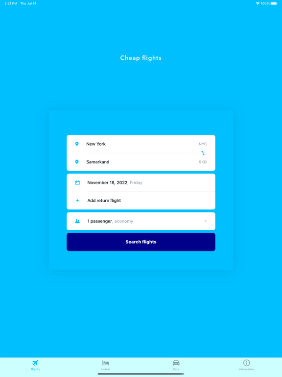 搜索航班预订和酒店