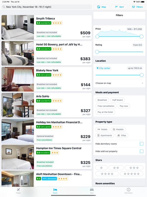 搜索航班预订和酒店